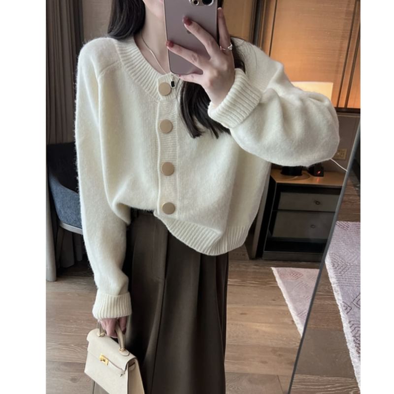 V-Neck Button Up Plain Crop Cardigan