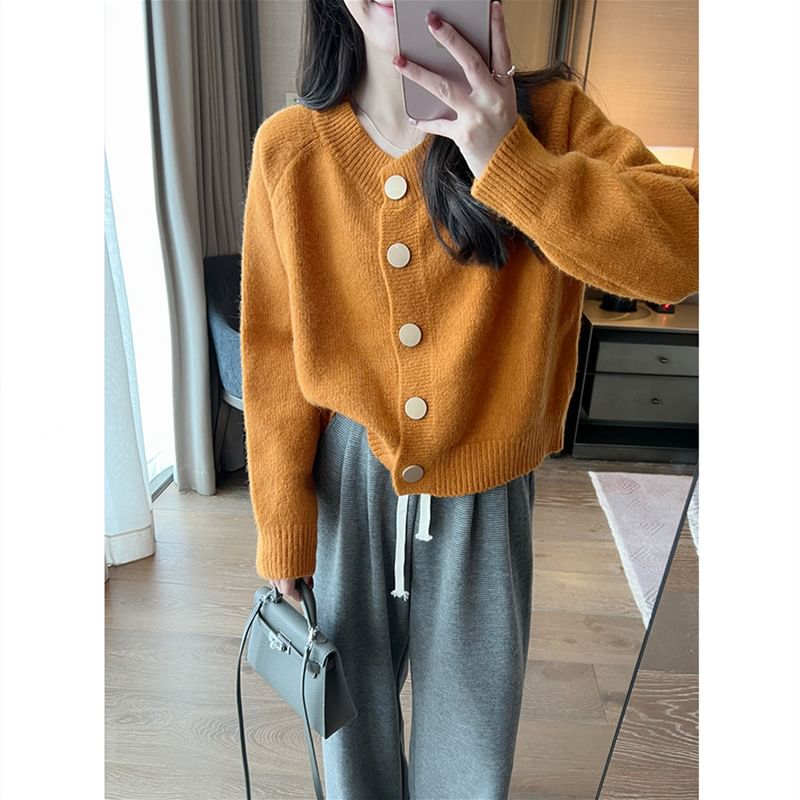 V-Neck Button Up Plain Crop Cardigan