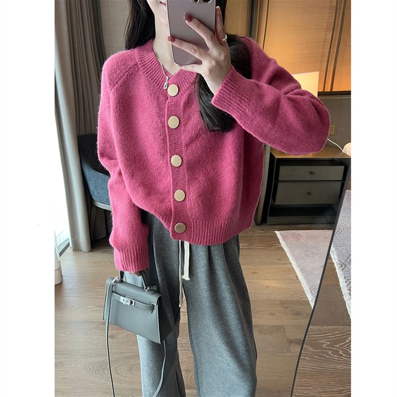 V-Neck Button Up Plain Crop Cardigan