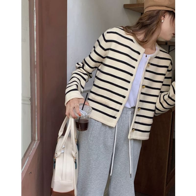 Striped Round Neck Cropped Cardigan