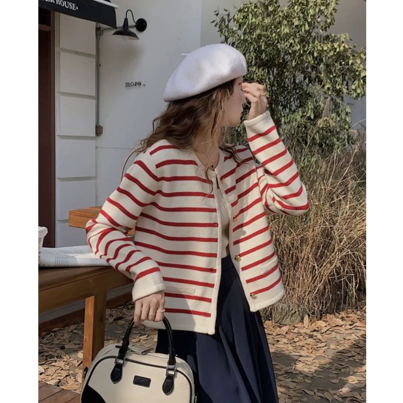 Striped Round Neck Cropped Cardigan