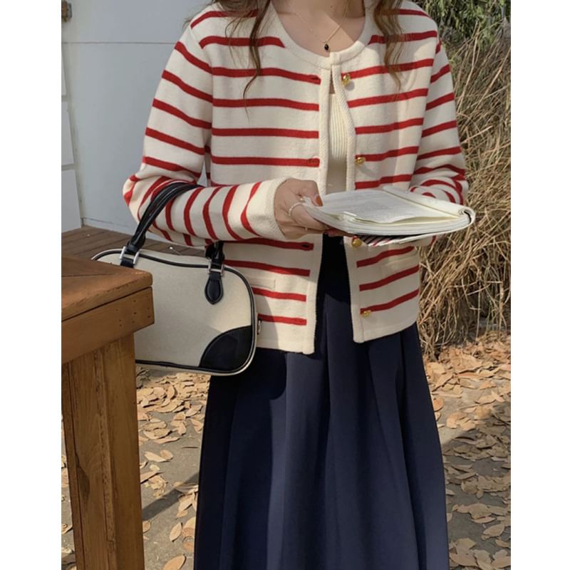 Striped Round Neck Cropped Cardigan