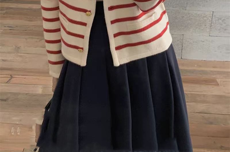Striped Round Neck Cropped Cardigan