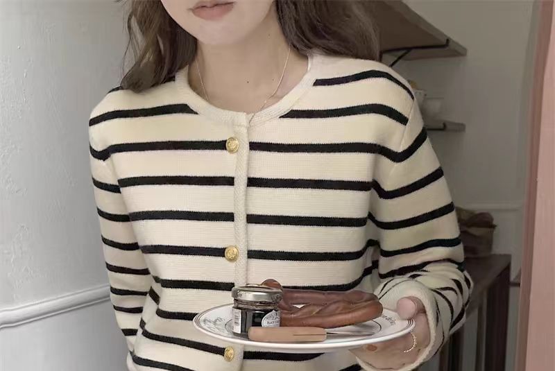 Striped Round Neck Cropped Cardigan