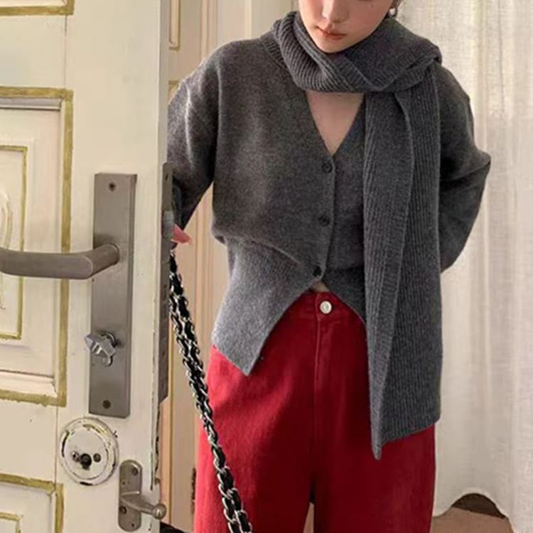 Solid V-Neck Knitted Open Front Sweater