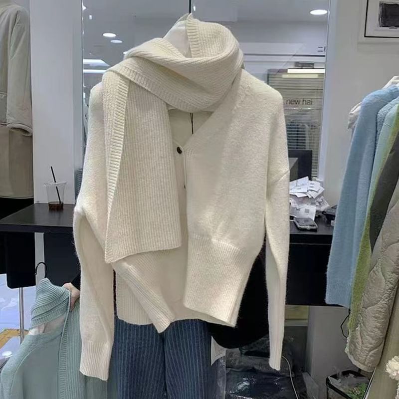 Solid V-Neck Knitted Open Front Sweater