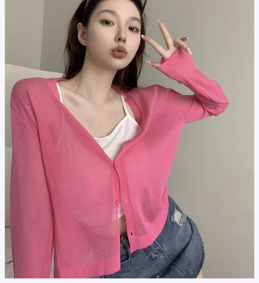 Sheer V-Neck Button-Up Cardigan