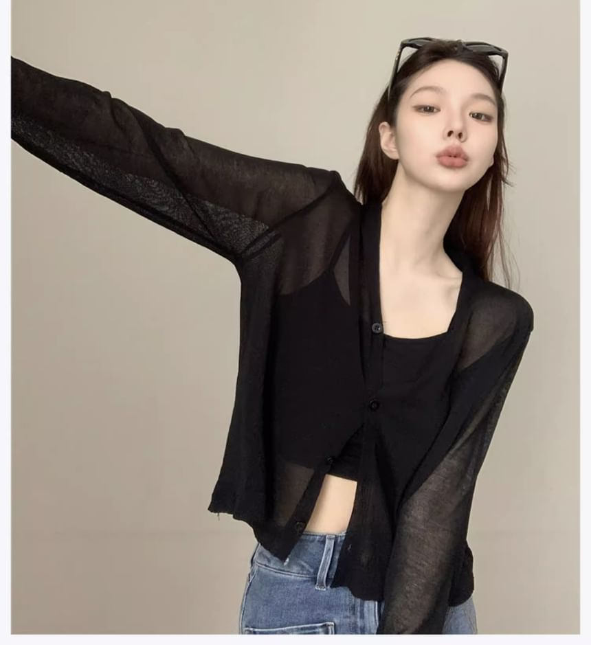 Sheer V-Neck Button-Up Cardigan