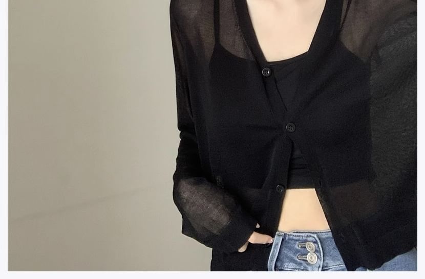 Sheer V-Neck Button-Up Cardigan