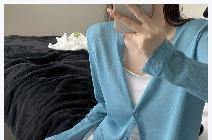 Sheer V-Neck Button-Up Cardigan
