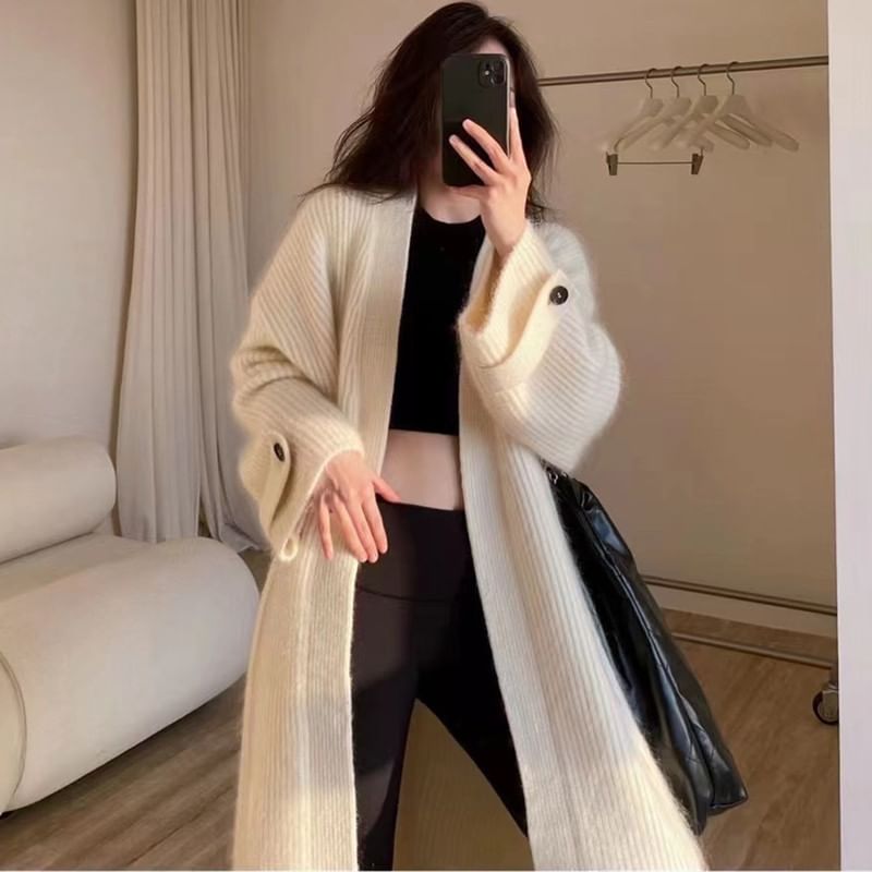 Ribbed Knit Open Front Long Cardigan
