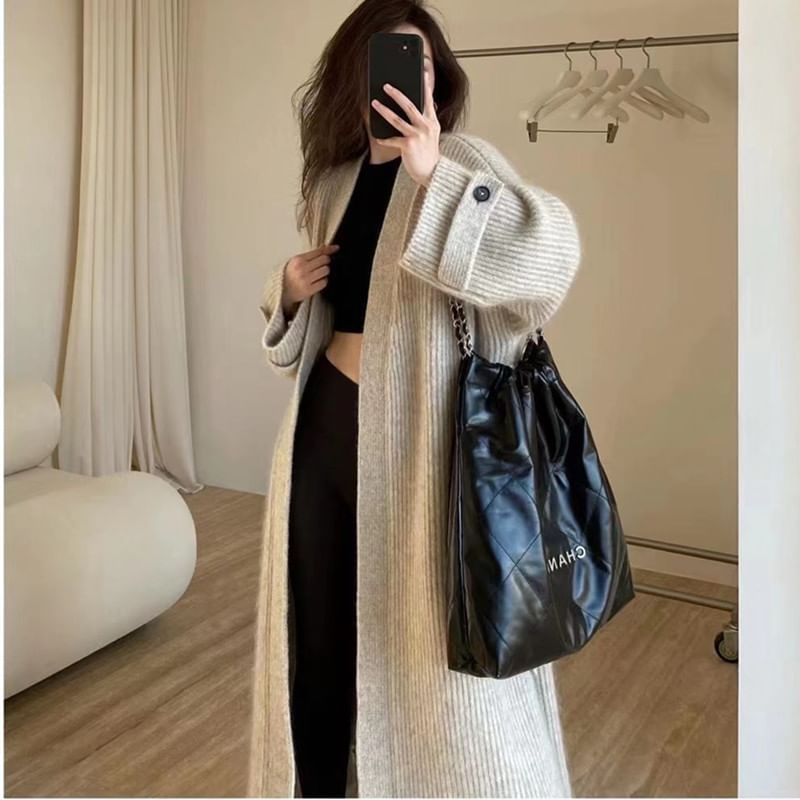 Ribbed Knit Open Front Long Cardigan
