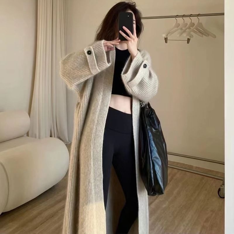 Ribbed Knit Open Front Long Cardigan