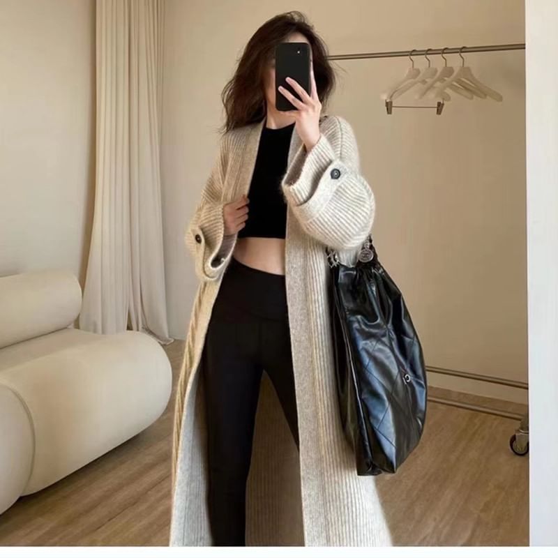 Ribbed Knit Open Front Long Cardigan