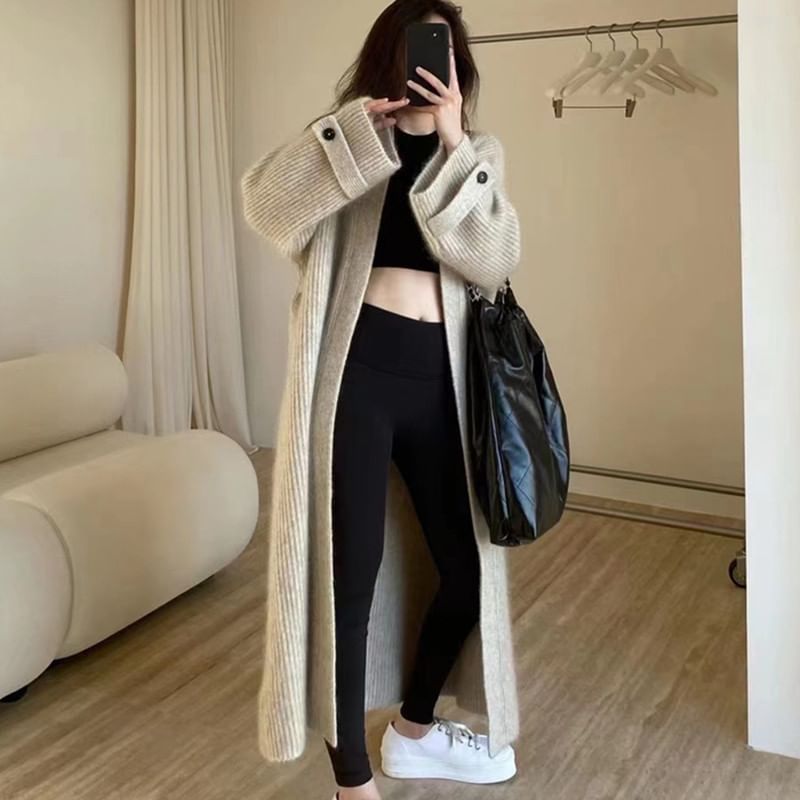 Ribbed Knit Open Front Long Cardigan