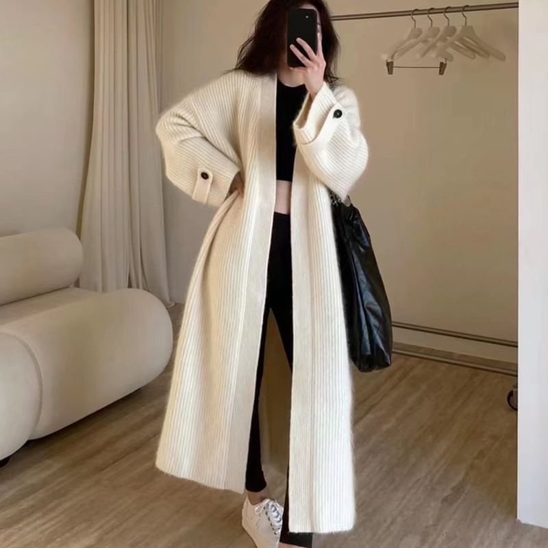 Ribbed Knit Open Front Long Cardigan