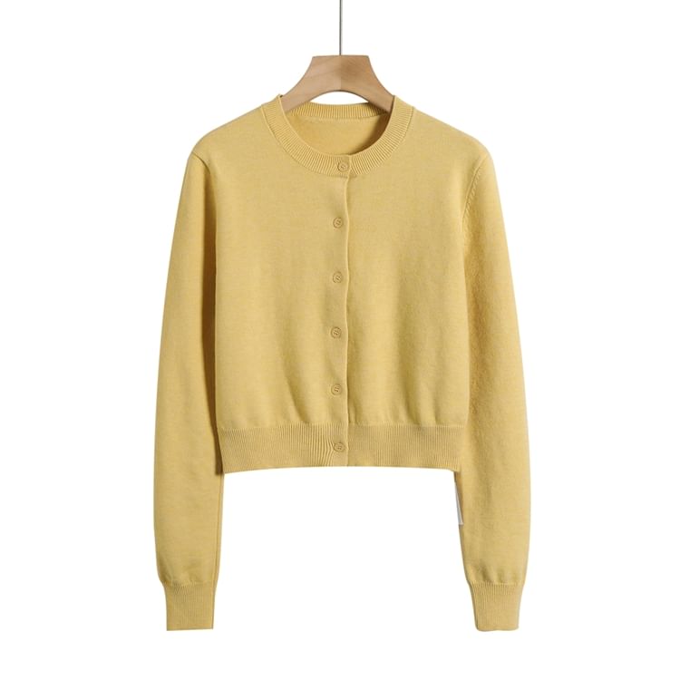 Classic Crew Neck Solid Button-Front Cropped Sweater