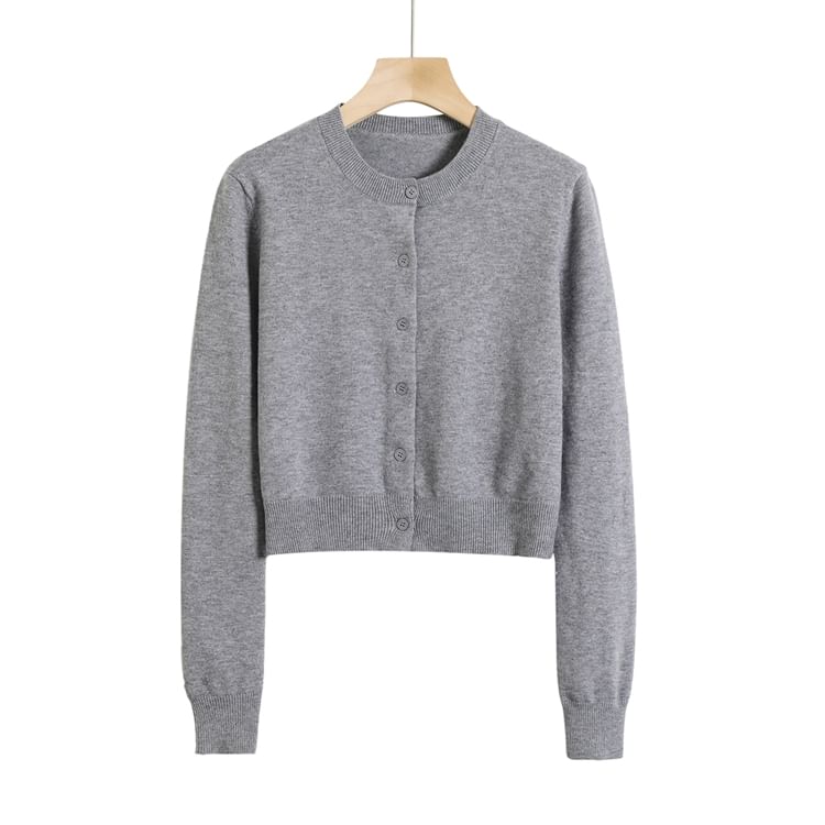 Classic Crew Neck Solid Button-Front Cropped Sweater