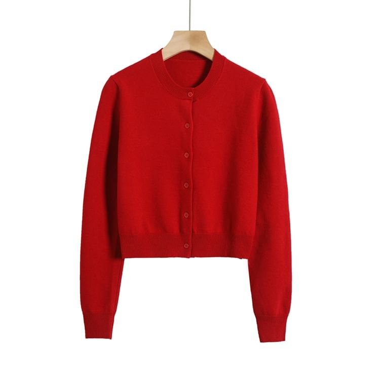 Classic Crew Neck Solid Button-Front Cropped Sweater