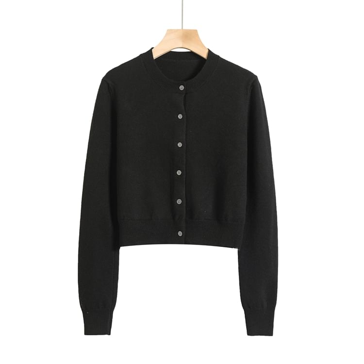 Classic Crew Neck Solid Button-Front Cropped Sweater