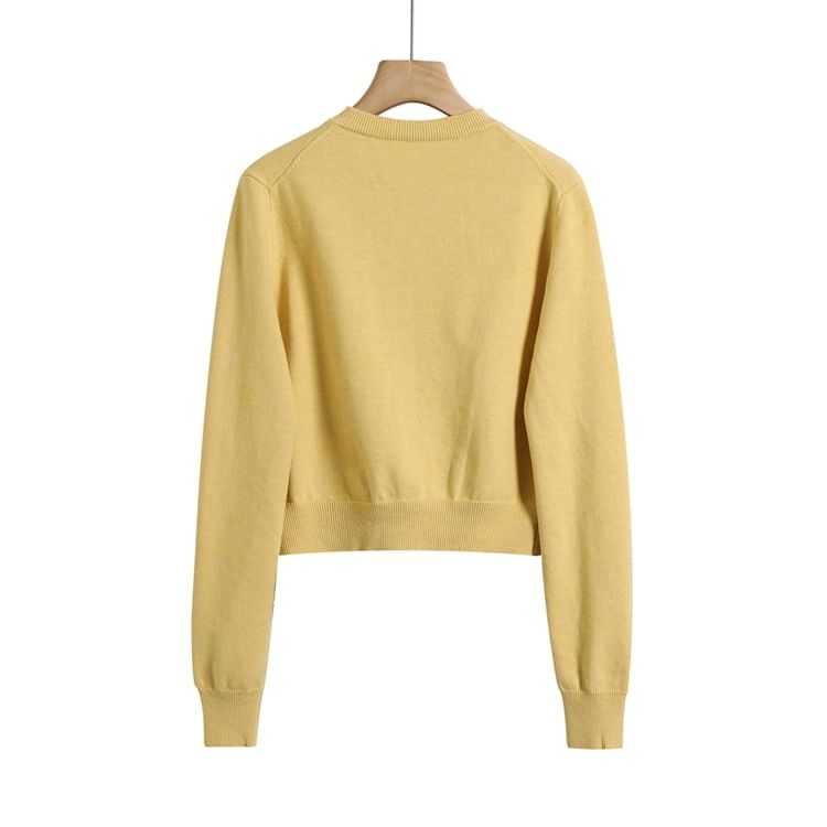Classic Crew Neck Solid Button-Front Cropped Sweater