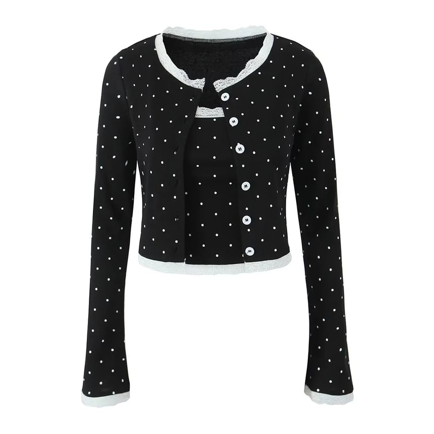 Set: Polka Dot Lace Trim Cardigan + Camisole