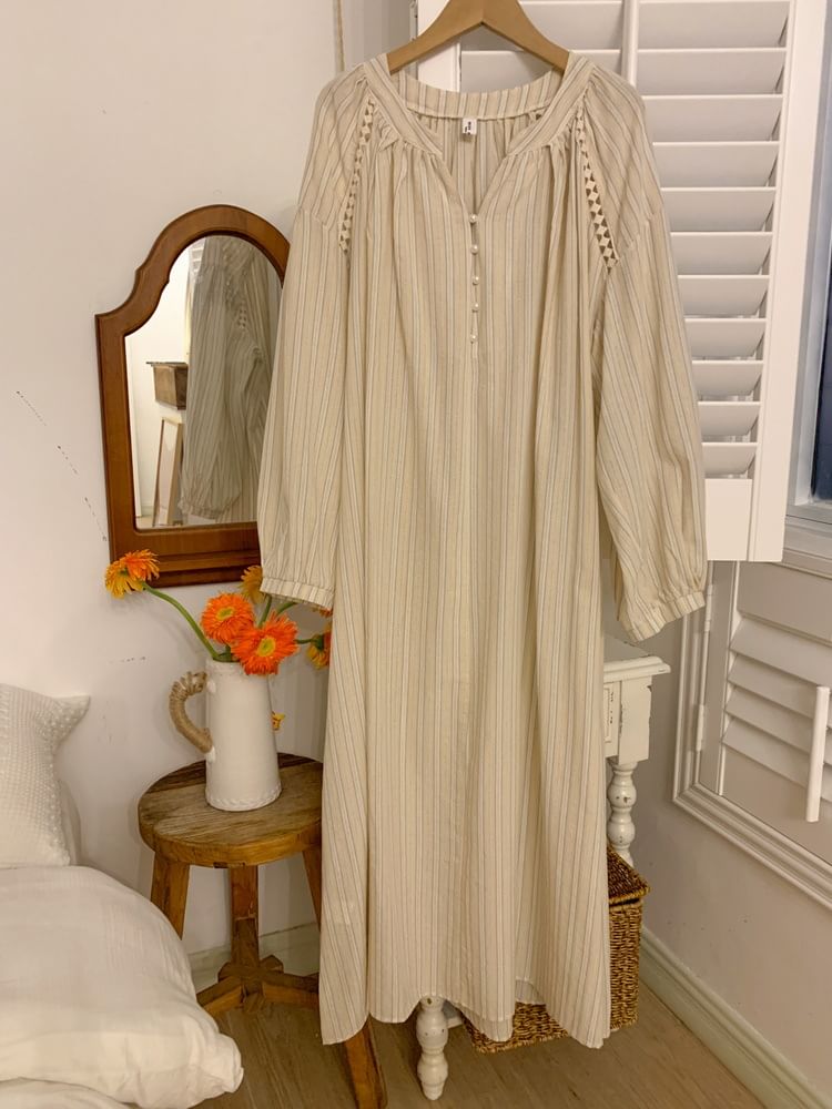 Couple Matching Long-Sleeve Collared Striped Shirt / Straight Leg Pants / Notch Neck Pajama Dress / Set