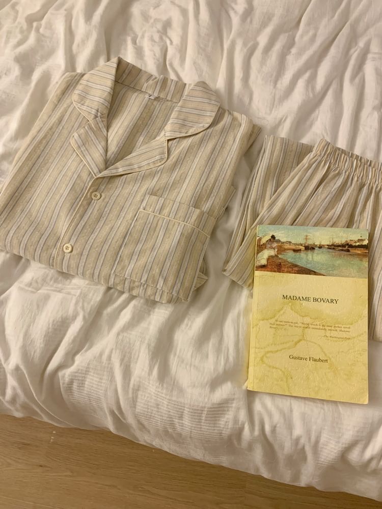 Couple Matching Long-Sleeve Collared Striped Shirt / Straight Leg Pants / Notch Neck Pajama Dress / Set