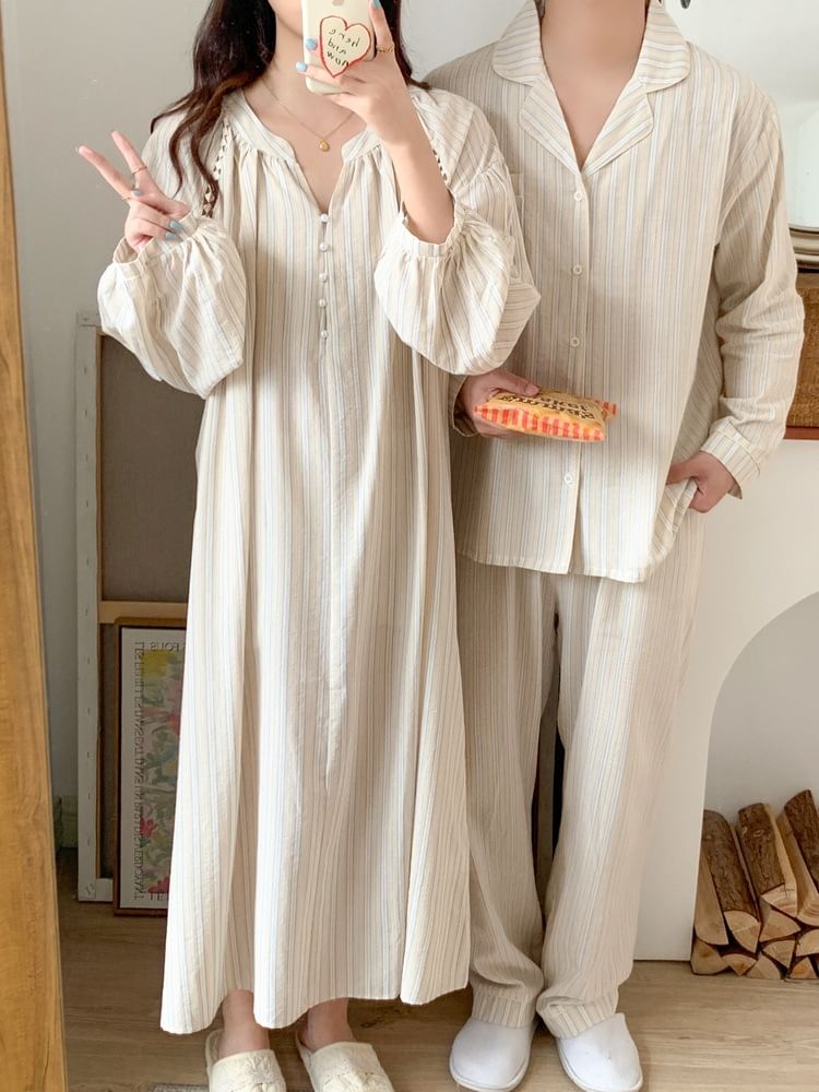 Couple Matching Long-Sleeve Collared Striped Shirt / Straight Leg Pants / Notch Neck Pajama Dress / Set