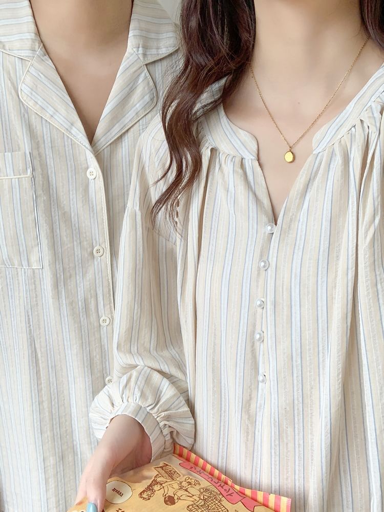 Couple Matching Long-Sleeve Collared Striped Shirt / Straight Leg Pants / Notch Neck Pajama Dress / Set