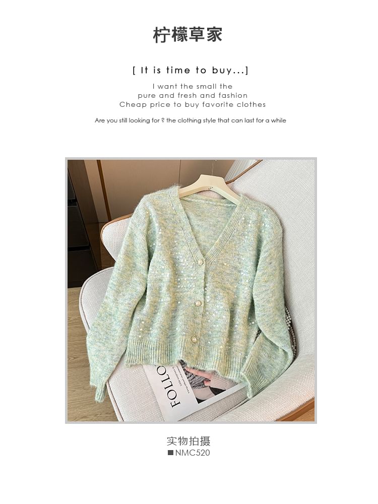 Sequined V-Neck Open Front Sweater
