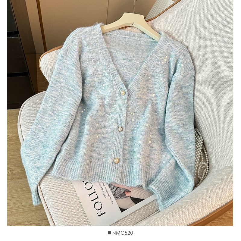 Sequined V-Neck Open Front Sweater