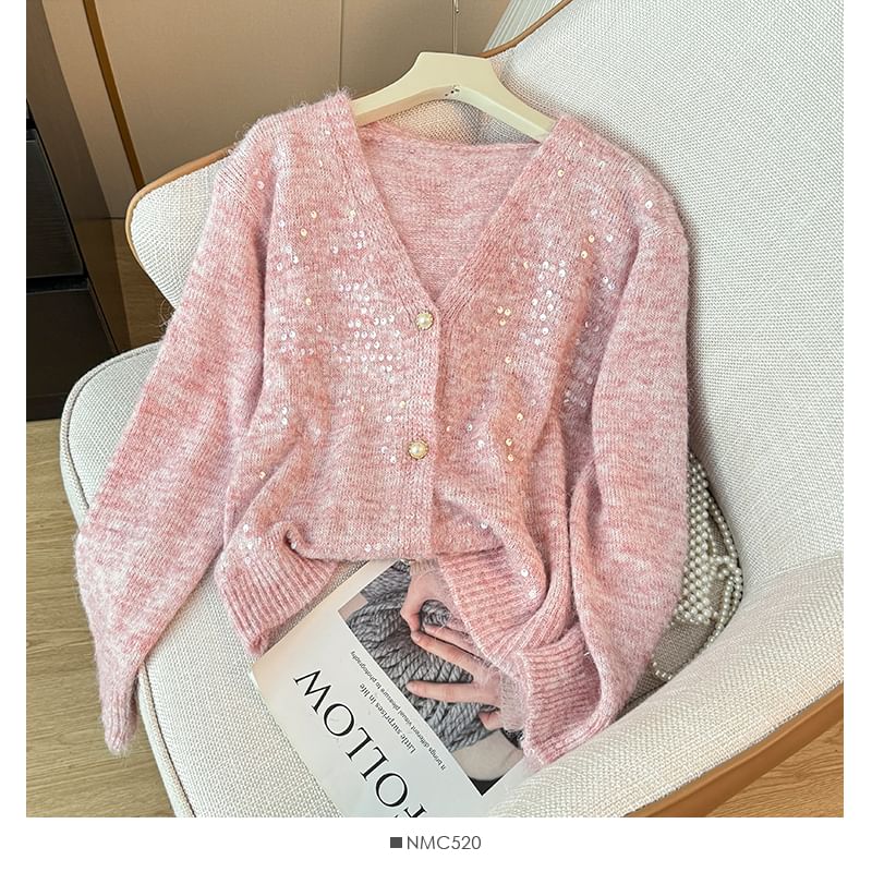 Sequined V-Neck Open Front Sweater