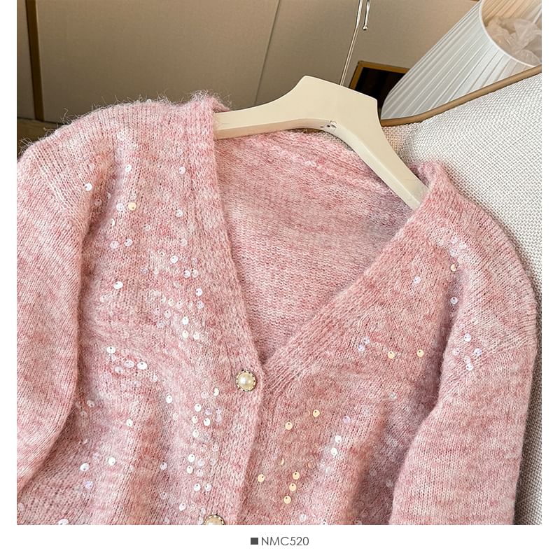 Sequined V-Neck Open Front Sweater
