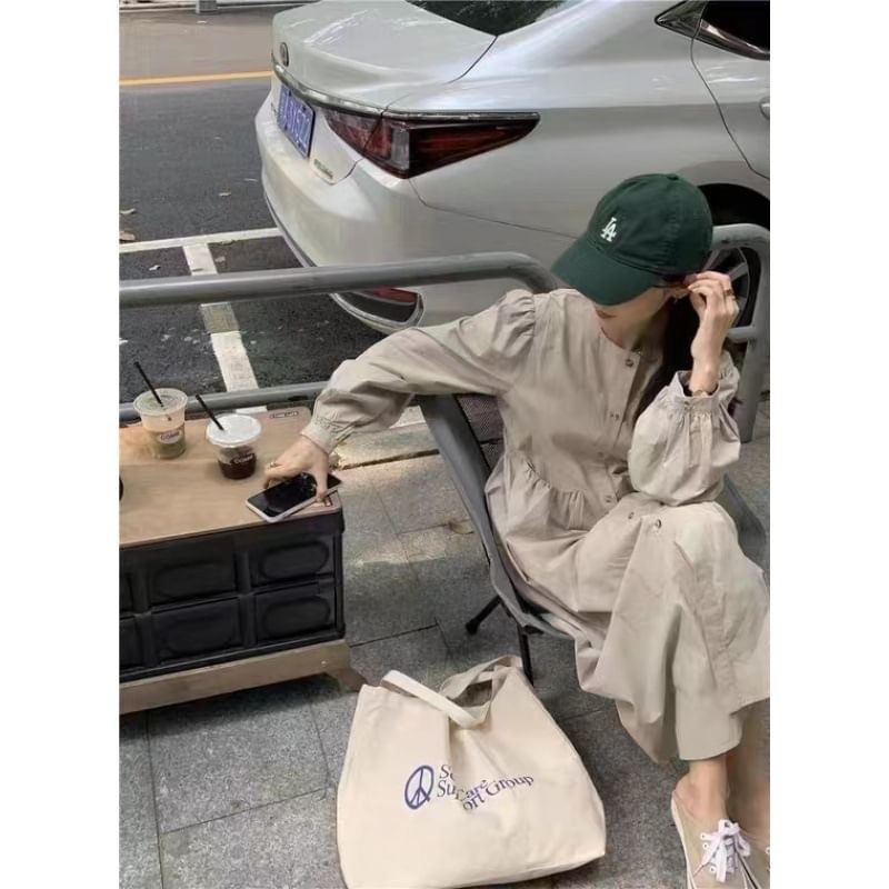 Round Neck Long Sleeve Pocket Button A-Line Maxi Dress