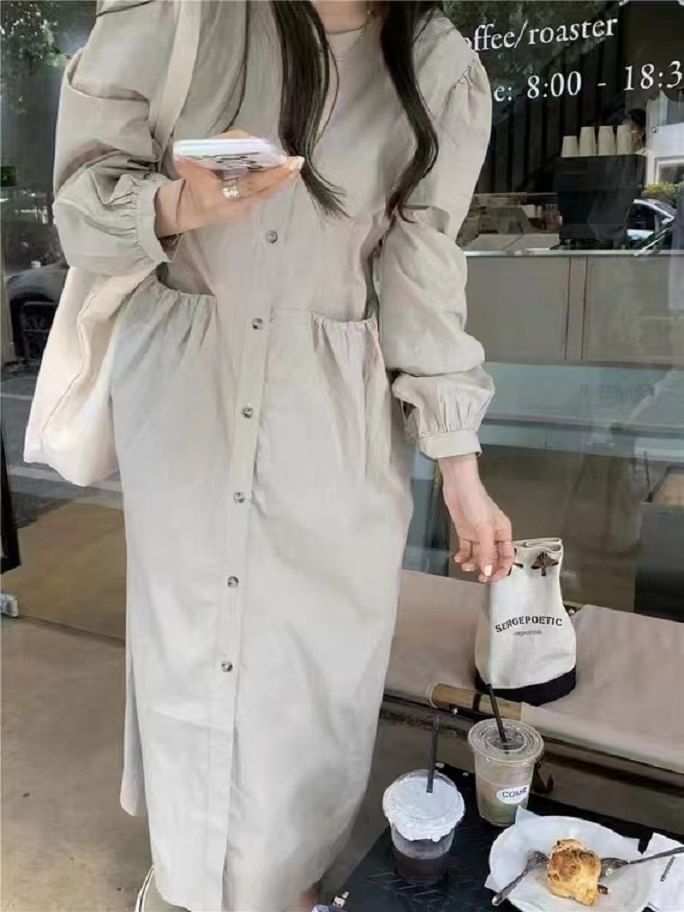 Round Neck Long Sleeve Pocket Button A-Line Maxi Dress