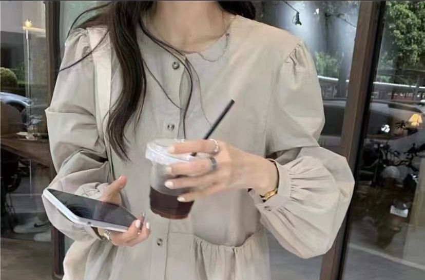 Round Neck Long Sleeve Pocket Button A-Line Maxi Dress
