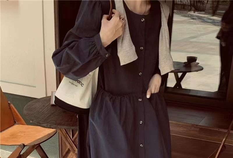 Round Neck Long Sleeve Pocket Button A-Line Maxi Dress