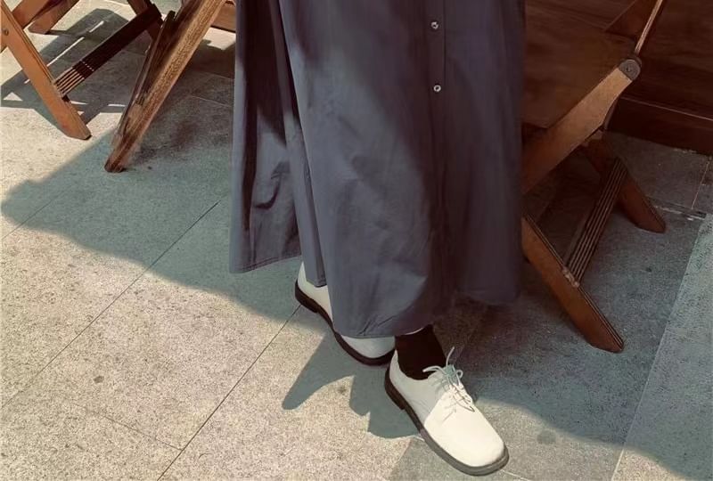 Round Neck Long Sleeve Pocket Button A-Line Maxi Dress