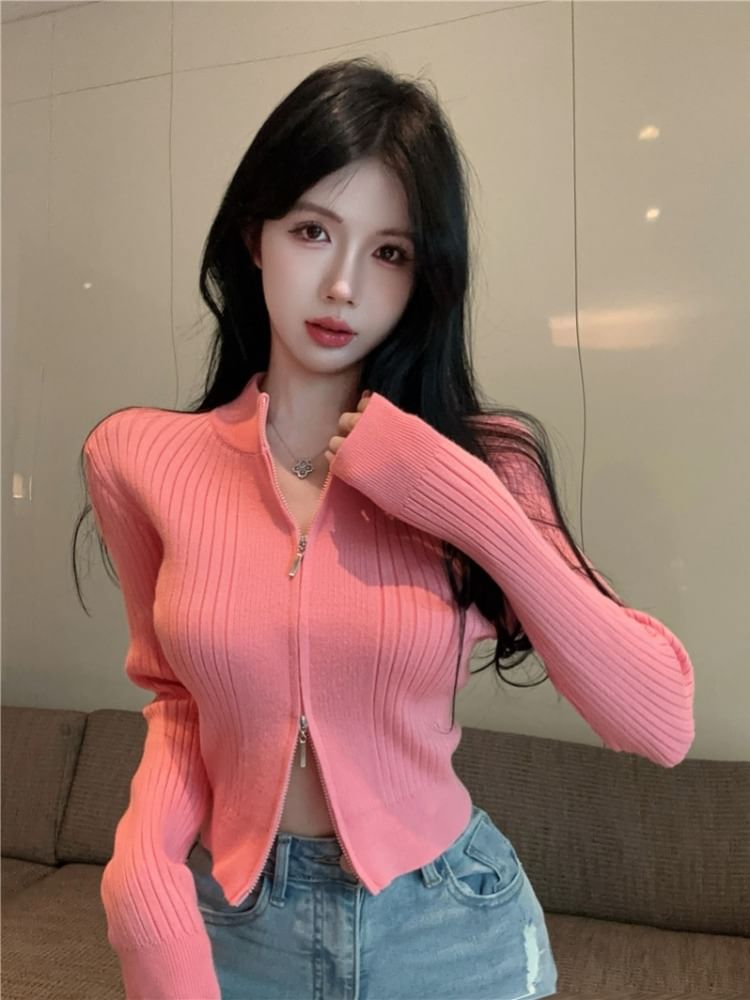 Mock Neck Solid Ribbed Zip Front Cropped Sweater