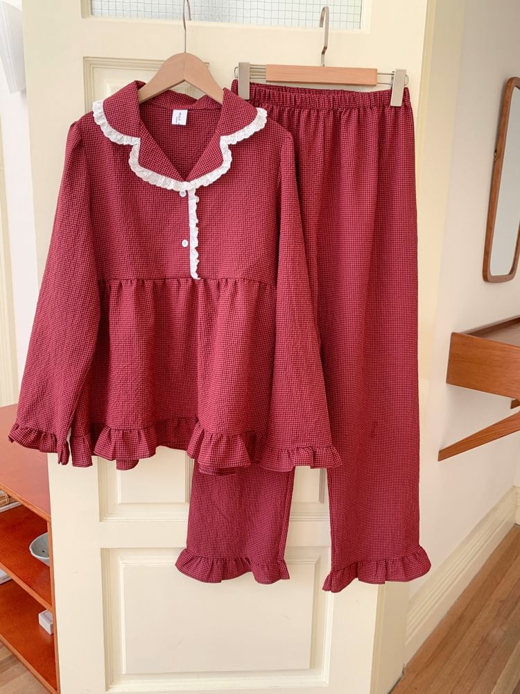 Couple Matching Pajama Set: Long-Sleeve Collared Plaid Button Top + Straight Leg Pants (Various Designs)