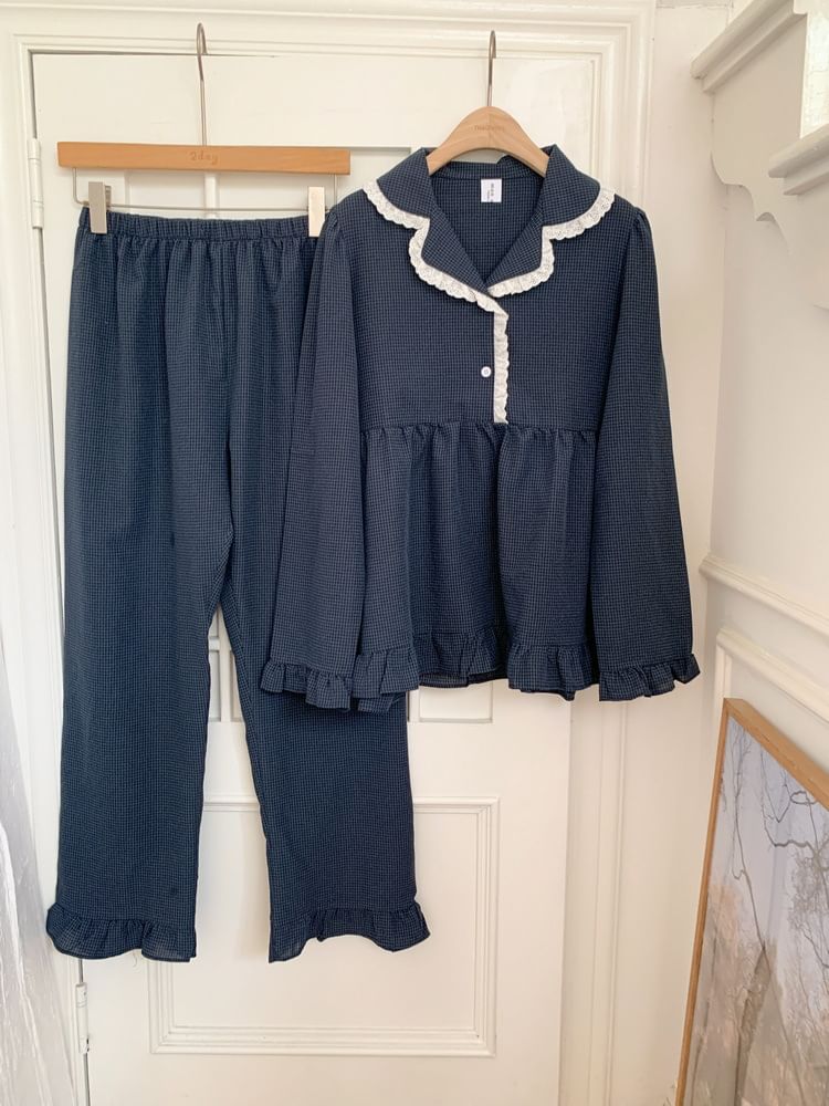 Couple Matching Pajama Set: Long-Sleeve Collared Plaid Button Top + Straight Leg Pants (Various Designs)