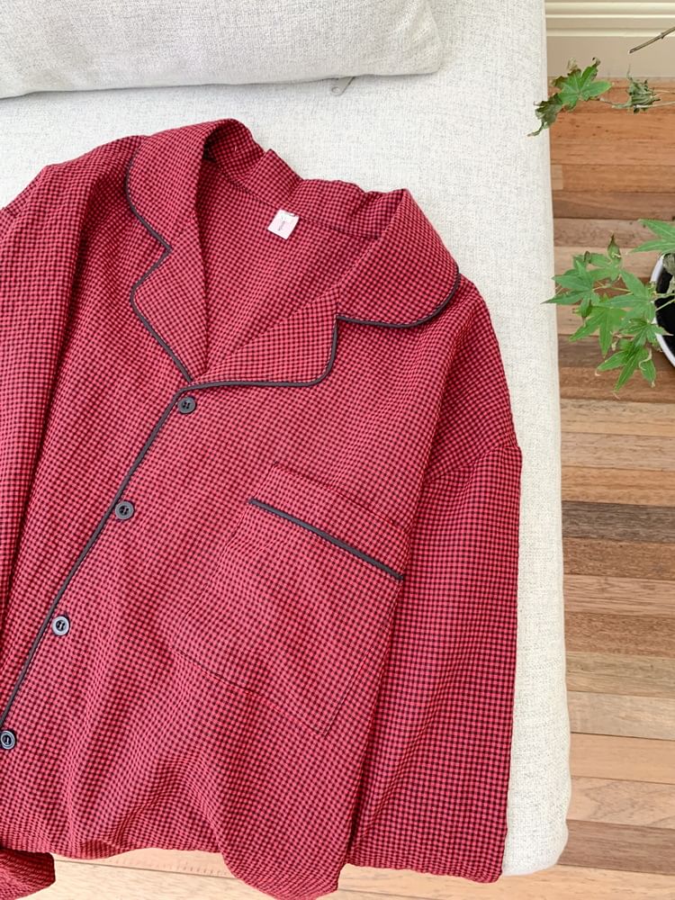 Couple Matching Pajama Set: Long-Sleeve Collared Plaid Button Top + Straight Leg Pants (Various Designs)