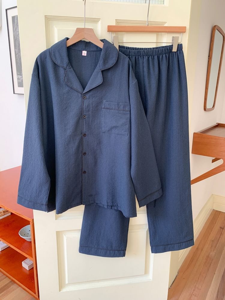 Couple Matching Pajama Set: Long-Sleeve Collared Plaid Button Top + Straight Leg Pants (Various Designs)