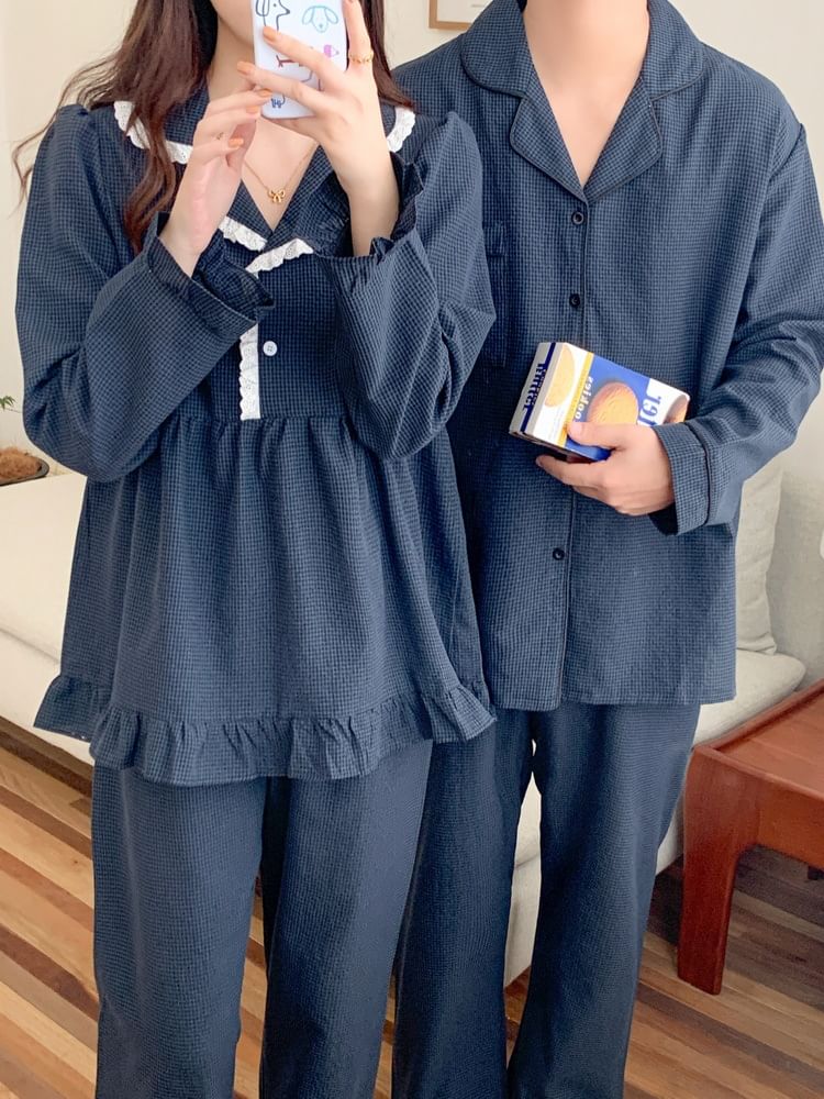 Couple Matching Pajama Set: Long-Sleeve Collared Plaid Button Top + Straight Leg Pants (Various Designs)