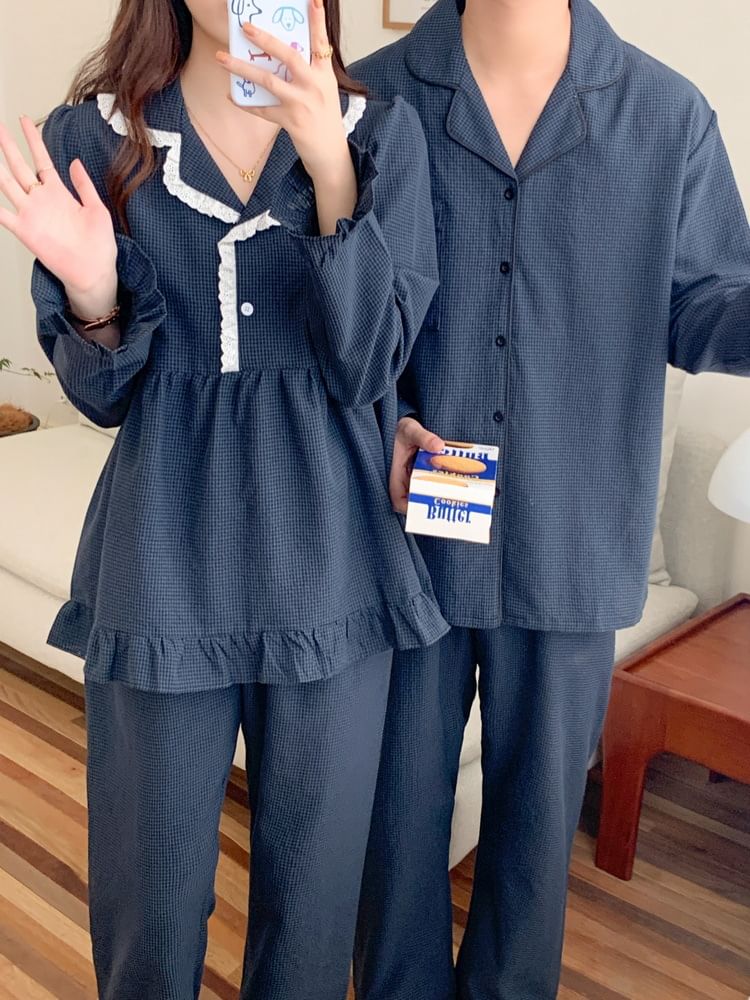 Couple Matching Pajama Set: Long-Sleeve Collared Plaid Button Top + Straight Leg Pants (Various Designs)