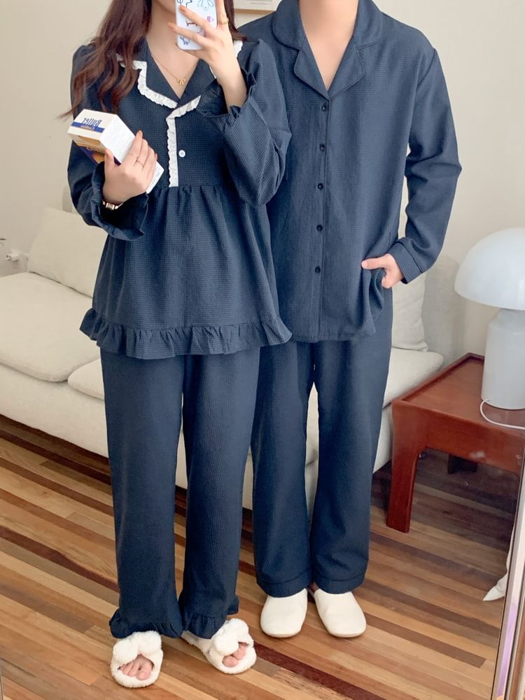 Couple Matching Pajama Set: Long-Sleeve Collared Plaid Button Top + Straight Leg Pants (Various Designs)