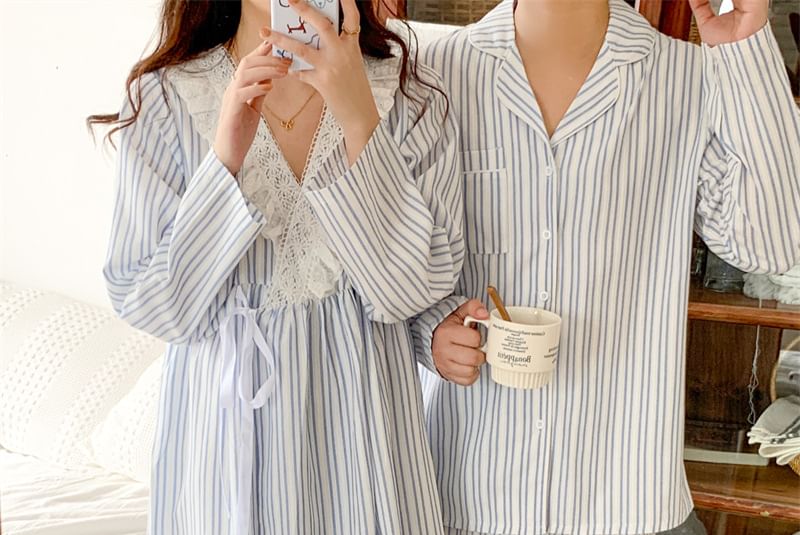 Couple Matching Long-Sleeve Collared Striped Pajama Shirt / Straight Leg Pants / V-Neck Ruffle Pajama Dress / Set