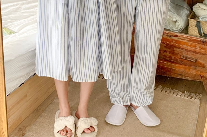 Couple Matching Long-Sleeve Collared Striped Pajama Shirt / Straight Leg Pants / V-Neck Ruffle Pajama Dress / Set