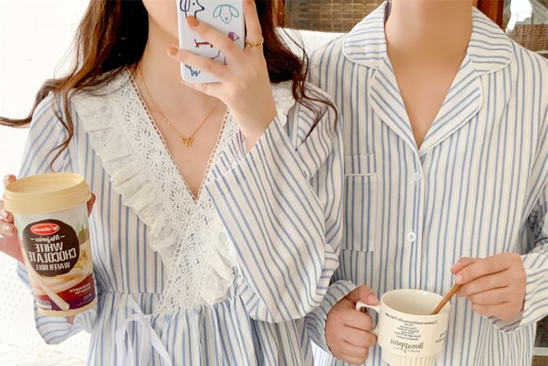 Couple Matching Long-Sleeve Collared Striped Pajama Shirt / Straight Leg Pants / V-Neck Ruffle Pajama Dress / Set